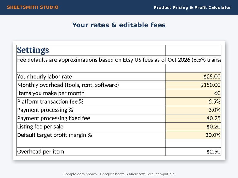Product Pricing Profit Calculator: Settings